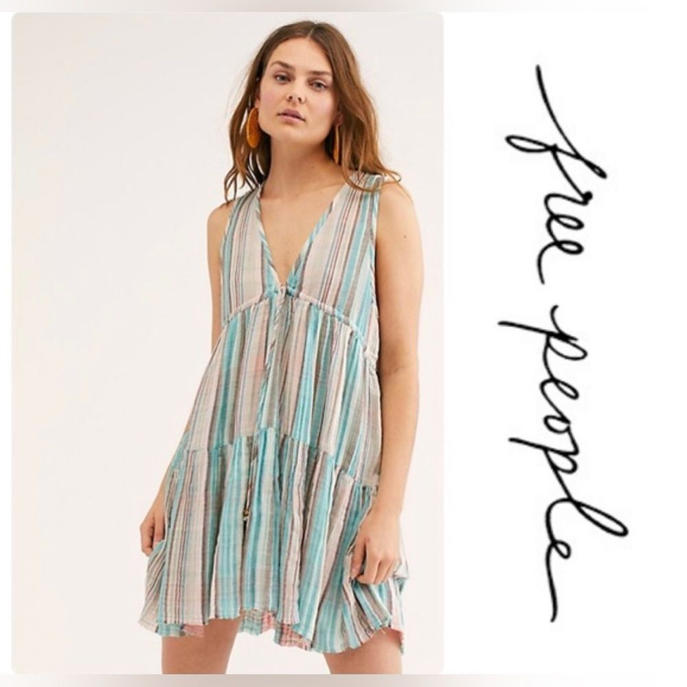 Free People Multicolor Striped Tiered Dress; Size Medium